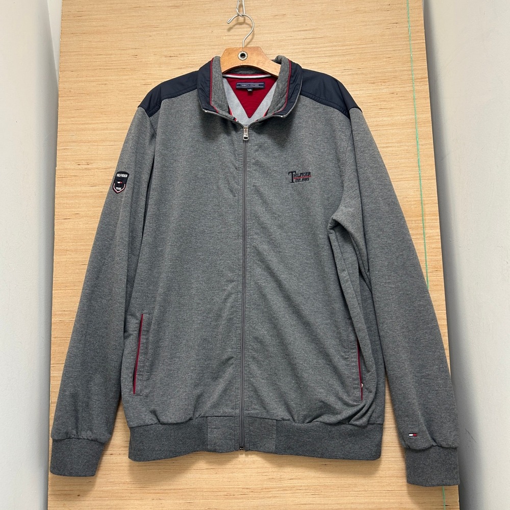 Tommy Hilfiger Mens 3XL Gray Full Zip Track Jacket Navy Shoulder Logo 6939